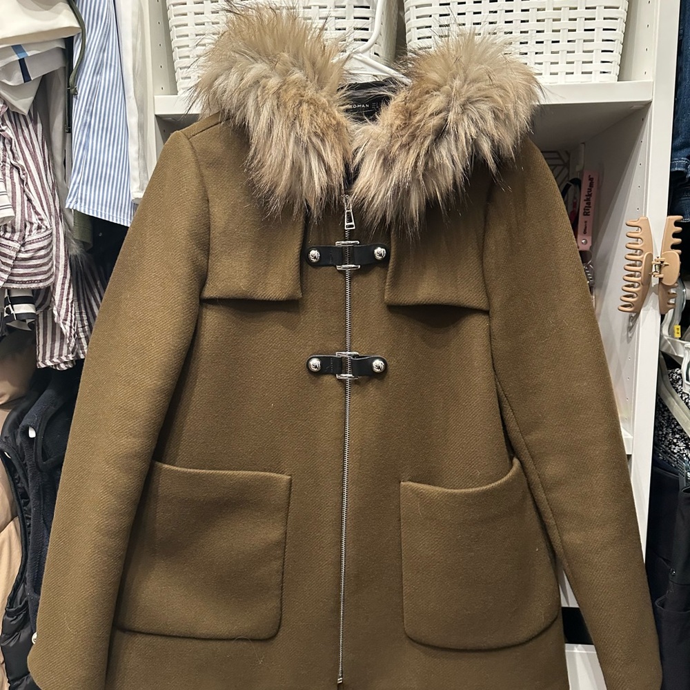 Zara Tan Coat with Fur Trim